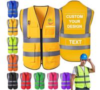 Personalised Hi Vis Vest with Zip Pockets Customised Reflective Safety Security Vests with Logo Customise for Work Construction,Yellow