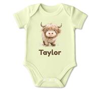 Personalised Highland Cow Baby Bodysuit - Watercolour calf artwork with name short sleeve soft cotton cosy stretch poppers envelope shoulders keepsake for newborns showers christenings - Girls
