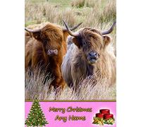 Personalised Highland Cow Christmas Card (Merry Christmas, Any Name) - Custom Xmas Card for Him or Her Male Female Kids Boys Girls