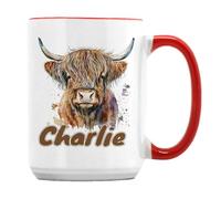 Personalised Highland Cow Custom Name Gift for Kids, 15oz Ceramic Coffee, Tea Mug. (Red Inside)