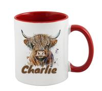Personalised Highland Cow Custom Name Gift for Kids, Inside Coloured Mug,Ceramic Coffee, Tea Mug. (Red)