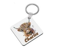 Personalised Highland cow custom name gift for kids, Key Ring Keychain A5, MDF Key ring. (MDF Keyring) (MDF Keyring)