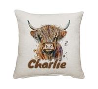 Personalised Highland cow custom name gift for kids, Sofa decor, Home Décor, Linen Throw Pillow/Cushion. (Linen Cushion Cover With Insert)