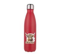 Personalised Highland cow custom name gift for kids, Students, Stainless Steel Bottle. (Matt Red)