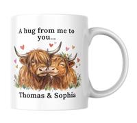 Personalised Highland Cow Gift, A Hug from Me to You Mug, 11oz Ceramic Cup for Cow Lovers, Gift for Boyfriend, Girlfriend, Her, Him, Husband, Wife, Anniversary, Birthday