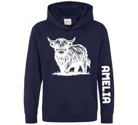 Personalised Highland Cow Girls Hoodie Farm Animal Farmers Custom Name Sleeve Print Kids Hooded Top, 7-8 Years, Navy