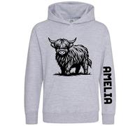 Personalised Highland Cow Girls Hoodie Farm Animal Farmers Custom Name Sleeve Print Kids Hooded Top, 7-8 Years, Sport Grey