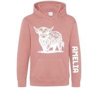 Personalised Highland Cow Girls Hoodie Farm Animal Farmers Custom Name Sleeve Print Kids Hooded Top, 3-4 Years, Dusty Pink