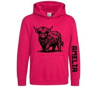 Personalised Highland Cow Girls Hoodie Farm Animal Farmers Custom Name Sleeve Print Kids Hooded Top, 9-11 Years, Bright Pink