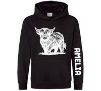 Personalised Highland Cow Girls Hoodie Farm Animal Farmers Custom Name Sleeve Print Kids Hooded Top, 12-13 Years, Black