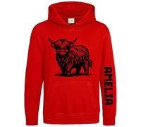 Personalised Highland Cow Girls Hoodie Farm Animal Farmers Custom Name Sleeve Print Kids Hooded Top, 12-13 Years, Red