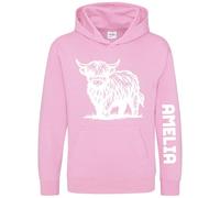 Personalised Highland Cow Girls Hoodie Farm Animal Farmers Custom Name Sleeve Print Kids Hooded Top, 7-8 Years, Light Pink