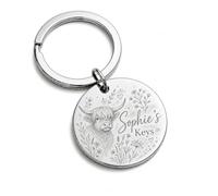 Personalised Highland Cow Keyring For Her Wildflower Engraved Charm
