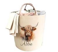 Personalised Highland Cow Laundry Basket for bedroom | Custom Name Beige Felt Toy Storage Bin with Hebridean Cow | Large Clothes crafted Hamper for Kids Bedroom & Farmhouse Decor