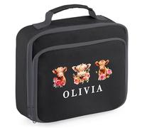 Personalised Highland Cow Lunch Box Floral Design Girls Infant Toddler Childrens Back to School Nursery Gift, 24cm x 20cm x 8cm, Black