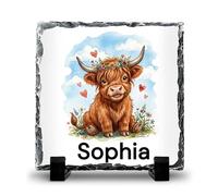 Personalised Highland Cow Rock Slate Frame Gift, Plaque for Home Decor, Animal Lovers, Cow Lovers Rock Slate Frame with Stand 14cm, Scottish Heifer Gift