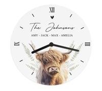 Personalised Highland Cow Wall Clock, 'Happy Place' Design, Round White Face with Roman Numerals