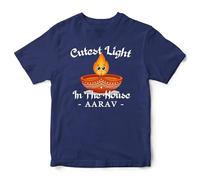 Personalised Hindu Celebration Kids T Shirt - Custom Name Diya Design Tee for Diwali - Cutest Light in The House Top - Boys Girls Festival of Lights Gift, 5-6 Years, Navy