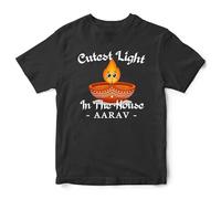 Personalised Hindu Celebration Kids T Shirt - Custom Name Diya Design Tee for Diwali - Cutest Light in The House Top - Boys Girls Festival of Lights Gift, 5-6 Years, Black