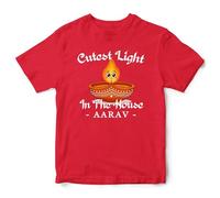 Personalised Hindu Celebration Kids T Shirt - Custom Name Diya Design Tee for Diwali - Cutest Light in The House Top - Boys Girls Festival of Lights Gift, 9-11 Years, Red