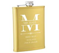 Personalised Hip Flasks for Men, Best Man Gift for Wedding Day, 8oz Customised Engraved Whisky Alcohol Hip Flask for Bachelor Stag Party, Father of The Bride Gifts (Gold)