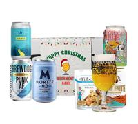 Personalised Hoppy Christmas Low/No Alcohol Beer Gift Set - 5 x 330ml Cans with Beerhunter Glass & Mr Filberts Snacks | Custom Alcohol-Free Christmas for Him or Her