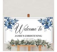 Personalised Horizontal Welcome Party Celebration Board - 600mm x 300mm MDF Plaque with Blue, Pink, or Ivory Floral Design for Christening, Communion, or Confirmation (Blue)