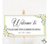 Personalised Horizontal Welcome Party Celebration Board - 600mm x 300mm MDF Plaque with Blue, Pink, or Ivory Floral Design for Christening, Communion, or Confirmation (Ivory)
