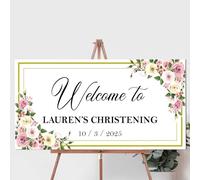 Personalised Horizontal Welcome Party Celebration Board - 600mm x 300mm MDF Plaque with Blue, Pink, or Ivory Floral Design for Christening, Communion, or Confirmation (Pink)