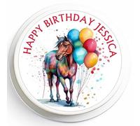 Personalised Horse Cake Topper - Edible Icing - 7" Round - Your Message - Pony Balloon Riding Stables Equestrian Cake Decoration