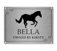 Personalised Horse & Owner Sign A5 20 x 15 cm | Brushed Silver Aluminium Plaque with Screw Holes | Stable, Yard & Equestrian Name Sign