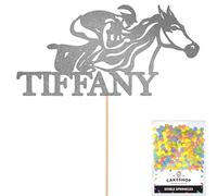 Personalised Horse Racing Jockey Glitter Cake Topper - Dark Silver Custom Age & Name Glitter Cake Decoration and Sprinkles - Happy Birthday Decorations - Personalised Toppers for Cakes by Cakeshop