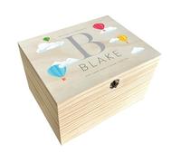 Personalised Hot Air Balloon Baby Keepsake Box | Treasured Memories Gift Box for Newborns | Custom Name and Date | Pine Box with Metal Hinges & Clasp | W16 x D11 x H9cm
