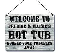 Personalised Hot Tub Sign A5 20 x 15 cm | Fun Hanging Brushed Aluminium Metal Plaque with Waxed String | Outdoor Garden Spa Decoration