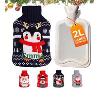 Personalised hot Water Bottle, 2L Christmas Custom hot Water Bottle Name, Filling Cartoon Warm Hand Warmer Knitted Thick Cute (Navy)
