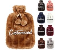 Personalised Hot Water Bottle with Custom Embroidered Text, Soft Fluffy Faux Fur Cover, 2L BS Leakproof Rubber, Ideal Mother's & Father's Day Gift for Back Pain Relief & Cozy Nights (Brown-2)
