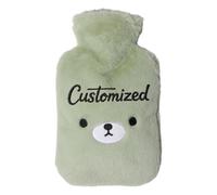 Personalised Hot Water Bottle with Cute Fluffy Bear Cover Hotwater Bottles for Adults with Embroidered Text Hot Water Bag for Pain Relief Period Pain, Personalised Gifts for Women Mom Grandma (Green)