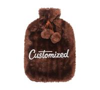 Personalised Hot Water Bottle with Embroidered Text - Natural Rubber Bottle with Plush Cloth Cover for Pain Relief - Secure Screw Lid & Large Mouth Opening (Brown)