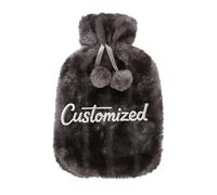 Personalised Hot Water Bottle with Embroidered Text - Natural Rubber Bottle with Plush Cloth Cover for Pain Relief - Secure Screw Lid & Large Mouth Opening (Gray)