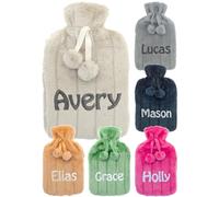 Personalised Hot Water Bottle with Soft Faux Fur Cover + Pom Poms Gift for Cozy Nights Pain Relief for Back Neck and Shoulders Great Gift 2 Liter (Stone)