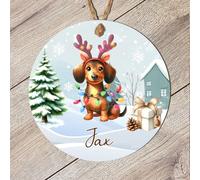 Personalised Hound Dog Christmas Bauble - Custom Single Name Festive Pet Decoration for Afghan, Beagle, Dachshund, Greyhound, Gifts (Dachshund, MDF Wood - Indoor Use Only)