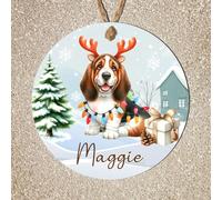 Personalised Hound Dog Christmas Bauble - Custom Single Name Festive Pet Decoration for Afghan, Beagle, Dachshund, Greyhound, Gifts (Basset Hound, MDF Wood - Indoor Use Only)