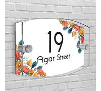 Personalised House Number Plaque in Arc- Rectangle shape Glass Effect Acrylic Sign Door Plate Wall Display in Premium Quality 2 Part Acrylic- Choose Your Own Design & Font (Corner Flowers)