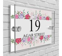 Personalised House Number Plaque in Rectangle shape Glass Effect Acrylic Sign Door Plate Wall Display in Premium Quality 2 Part Acrylic- Choose Your Own Design & Font (Flowers in Line)