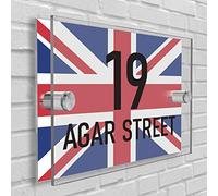 Personalised House Number Plaque in Rectangle shape Glass Effect Acrylic Sign Door Plate Wall Display in Premium Quality 2 Part Acrylic- Choose Your Own Design & Font (UK Flag)