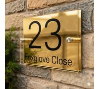 Personalised House Numbers Plaques by Blitz Craft | Glass Effect Acrylic and Gold Mirrored Finish | Custom Address Text with Door Numbers for Outside, Weatherproof Design with Fixings (200x130mm)