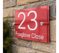 Personalised House Numbers Plaques by Blitz Craft | Glass Effect Acrylic and Red Mirrored Finish | Custom Address Text with Door Numbers for Outside, Weatherproof Design with Fixings (200x130mm)