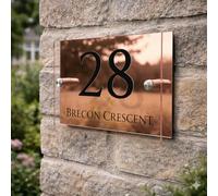 Personalised House Numbers Plaques by Blitz Craft | Glass Effect Acrylic and Rose Gold Mirrored Finish | Custom Address Text with Door Numbers for Outside, Weatherproof Design with Fixings (200x130mm)