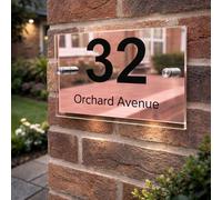 Personalised House Numbers Plaques by Blitz Craft | Glass Effect Acrylic and Rose Gold Mirrored Finish | Custom Address Text with Door Numbers for Outside, Weatherproof Design with Fixings (200x130mm)