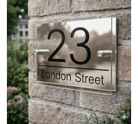 Personalised House Numbers Plaques by Blitz Craft | Glass Effect Acrylic and Silver Mirrored Finish | Custom Address Text with Door Numbers for Outside, Weatherproof Design with Fixings (200x130mm)